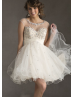 Tulle Beaded Scoop Neckline Key Hole Back Knee Length Prom Dress 